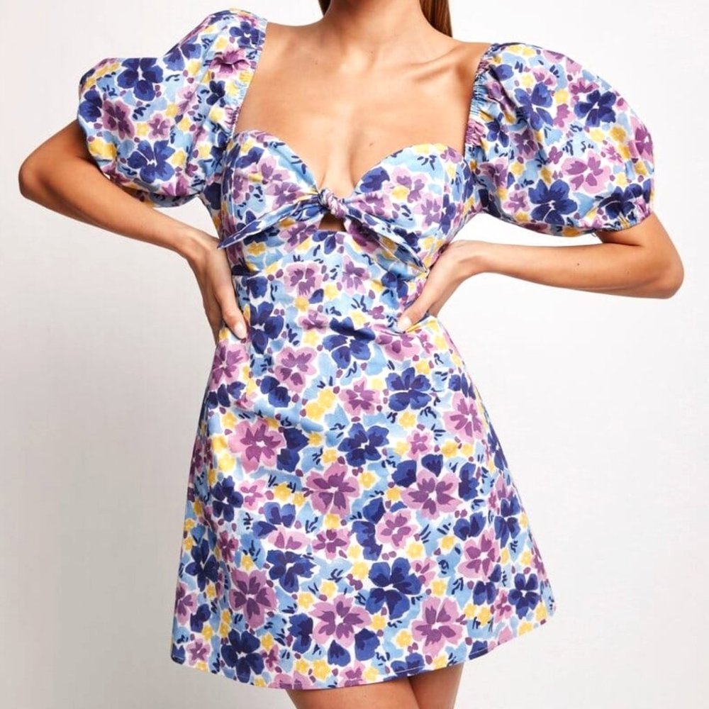 SOFIA THE LABEL GG Tie Front Mini Dress Violet Blue Floral Size 10 Medium NWT